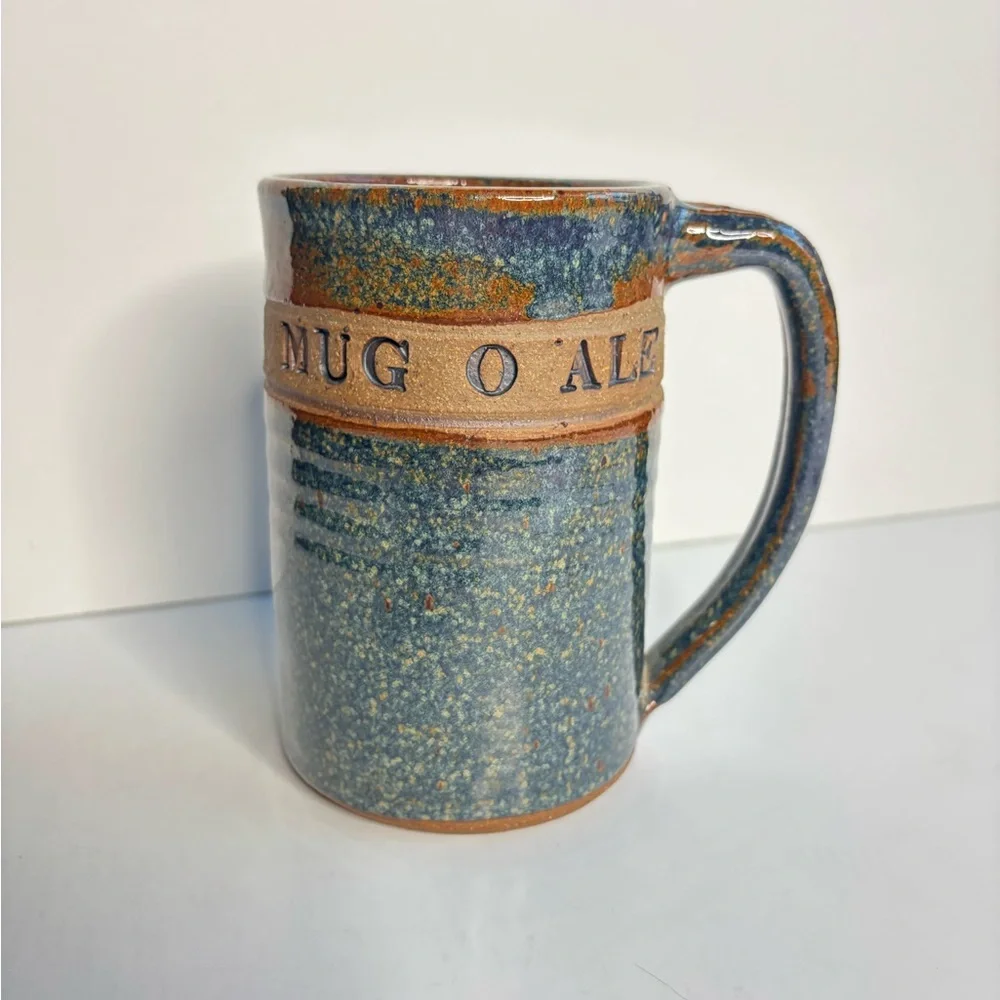 Handcrafted Large Mug-O-Ale Rustic Ceramic Blue Brown Beer Mug Textured‎ Design